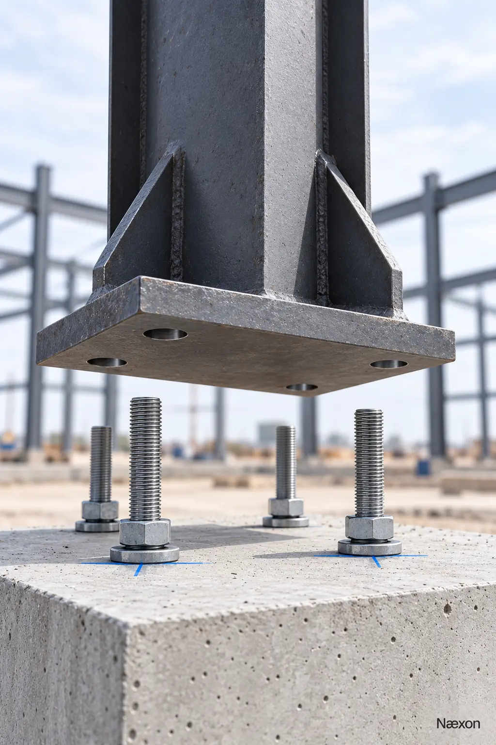 Steel column base plate aligned above four anchor rods on a concrete pedestal in a bright structural-steel erection setting.