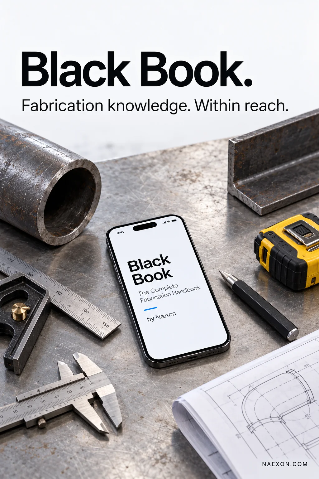 Black Book open on a phone resting on a steel fabrication table beside layout tools and a drawing