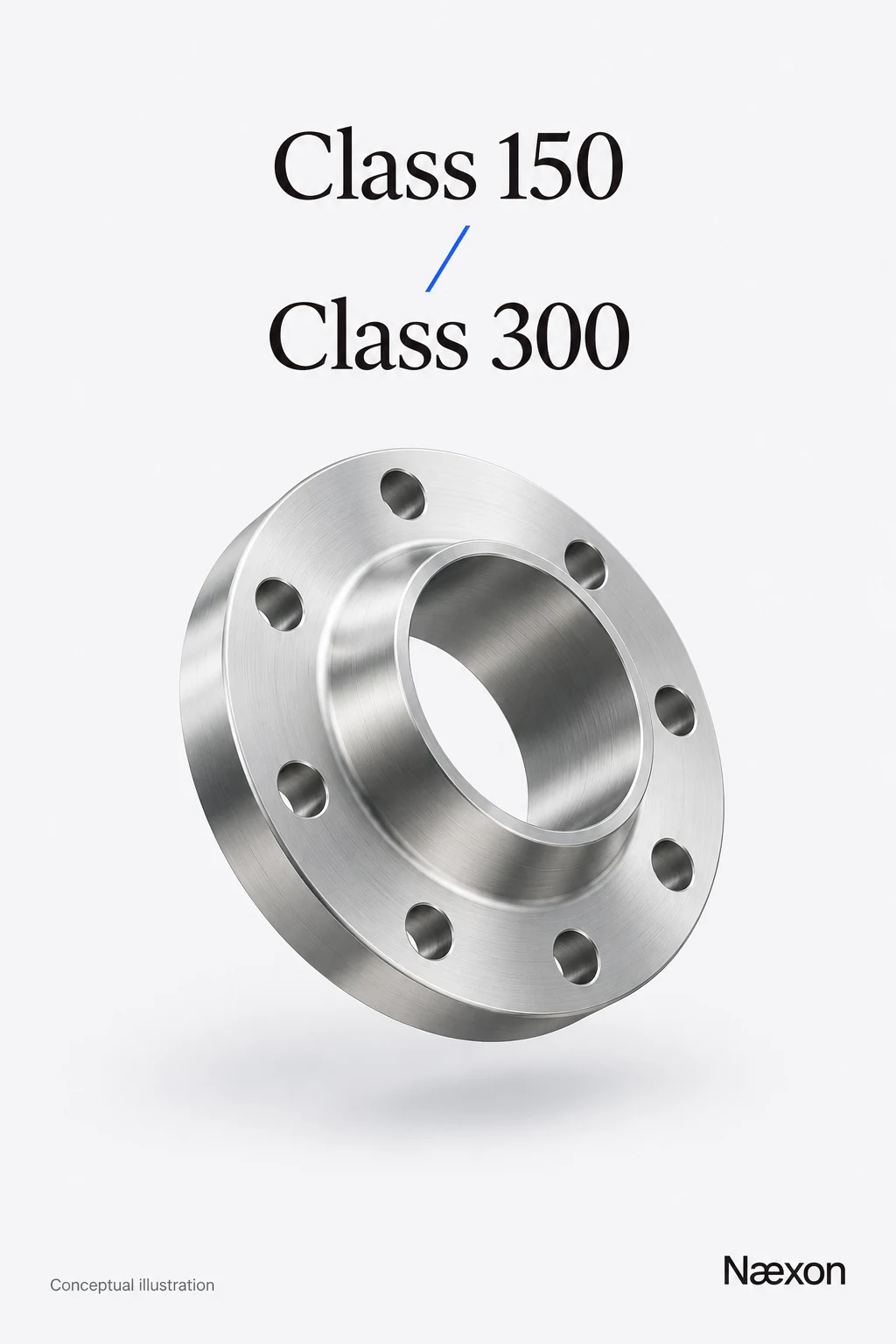A conceptual steel pipe flange beneath the labels Class 150 and Class 300.