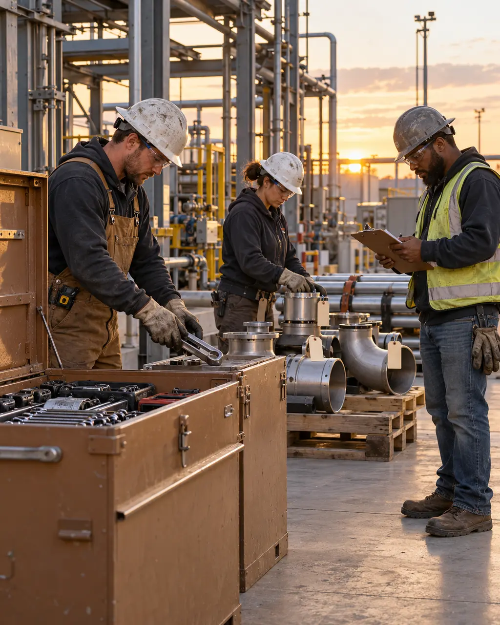 Three industrial tradespeople at sunset organizing a gang box, staging tagged pipe fittings and reviewing a clipboard for the next shift.