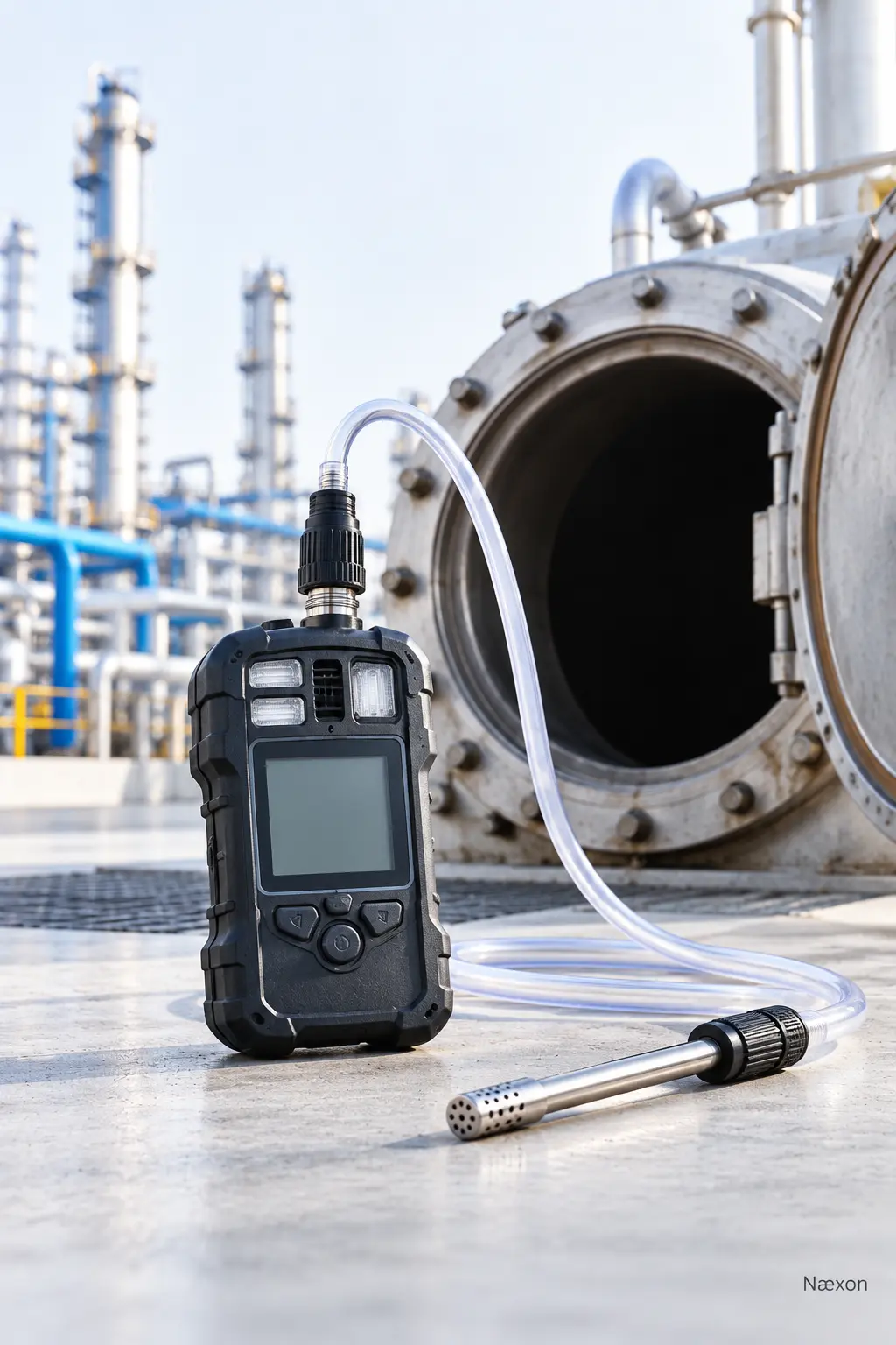 Portable multigas monitor with pump hose staged outside an open industrial vessel manway for pre-entry atmospheric testing