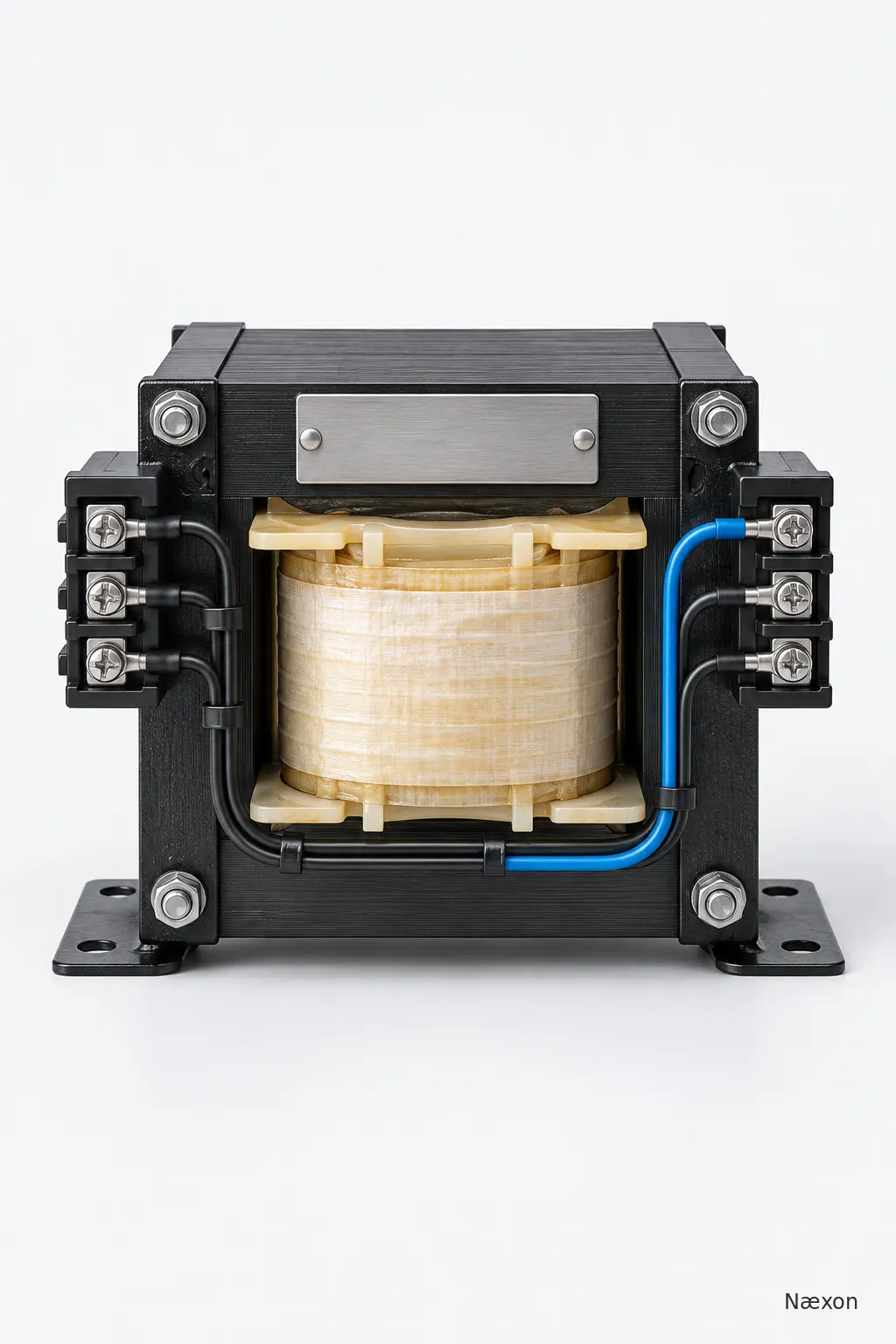 Open-frame industrial control transformer with dark laminated core, light winding, terminal blocks, and a restrained blue secondary wire