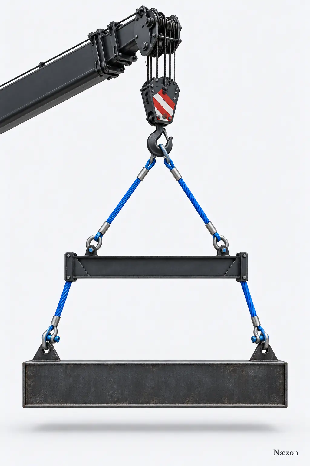 Mobile crane hook block, blue two-leg slings, spreader beam, and suspended steel load arranged against a clean light-gray background