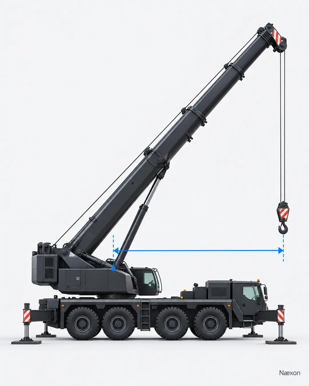 Side-profile mobile crane with a blue horizontal line marking load radius from the center of rotation to the vertical hoist line