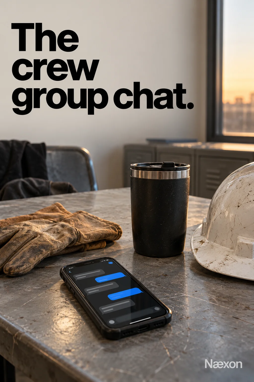 Editorial illustration of a phone with chat bubbles beside work gloves, a coffee cup and a hard hat in a quiet crew break room.