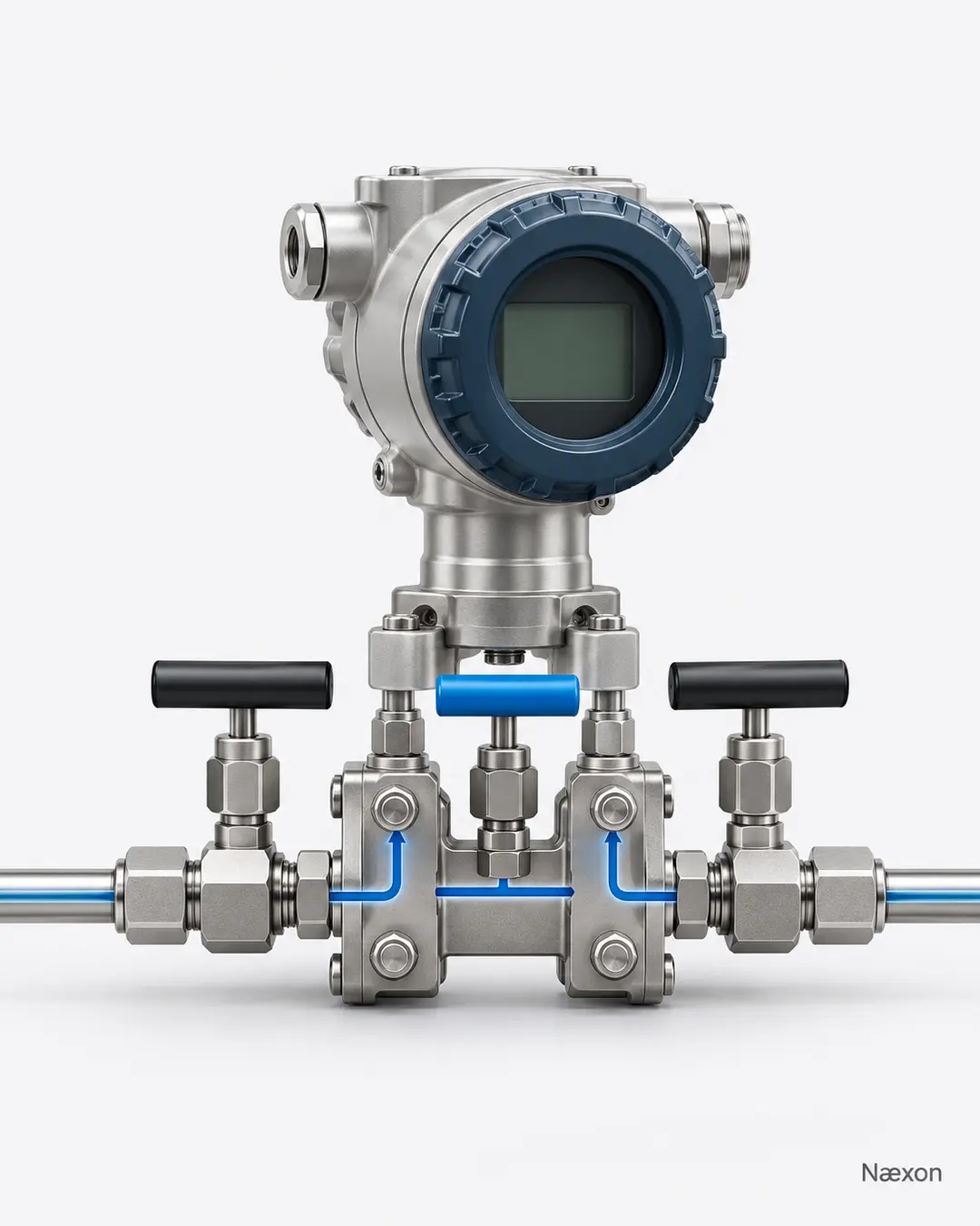 Differential-pressure transmitter mounted above a three-valve manifold with the center equalizing valve highlighted blue
