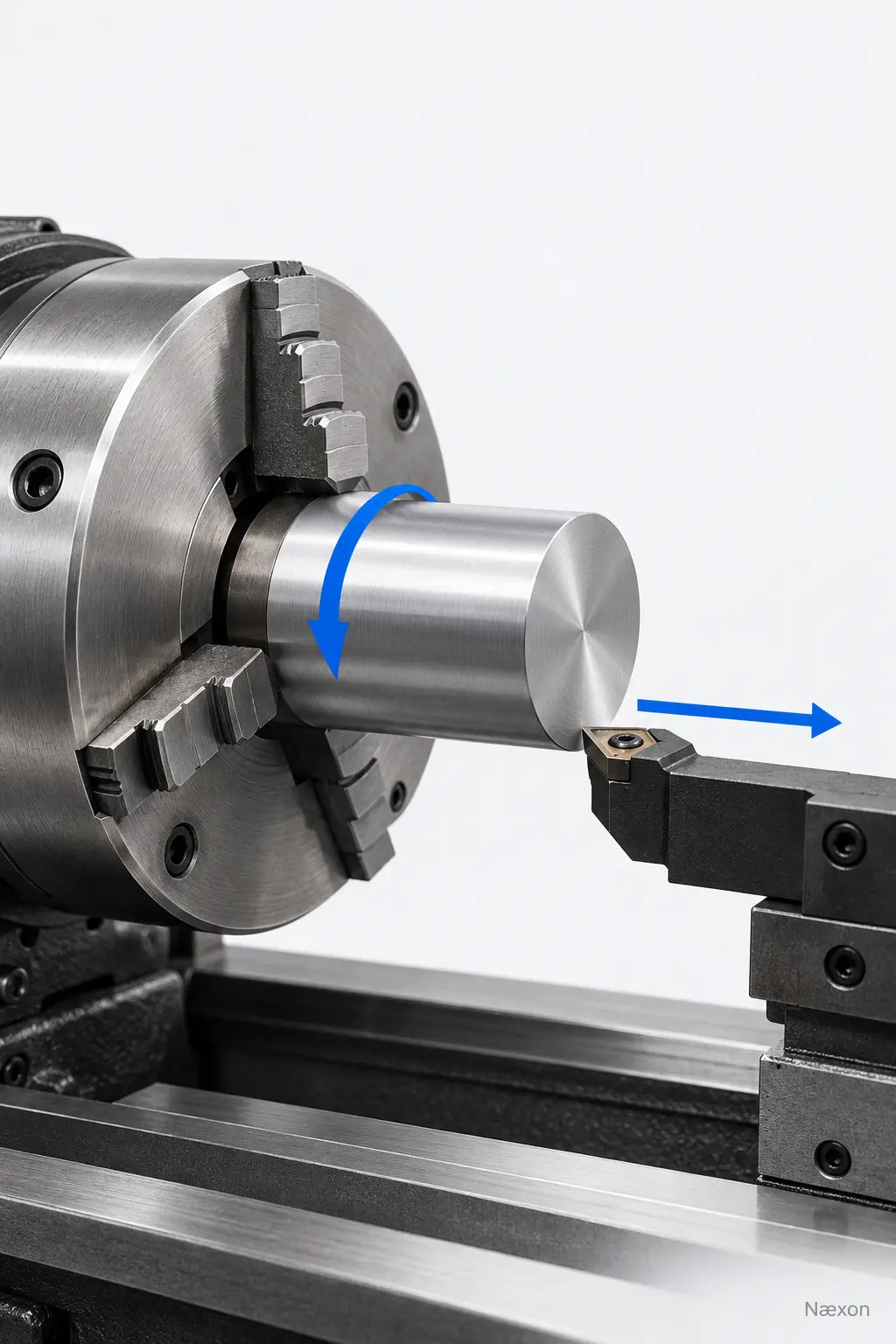 Engine lathe chuck holding a steel cylinder with a carbide turning tool, blue rotation arrow, and blue axial feed arrow