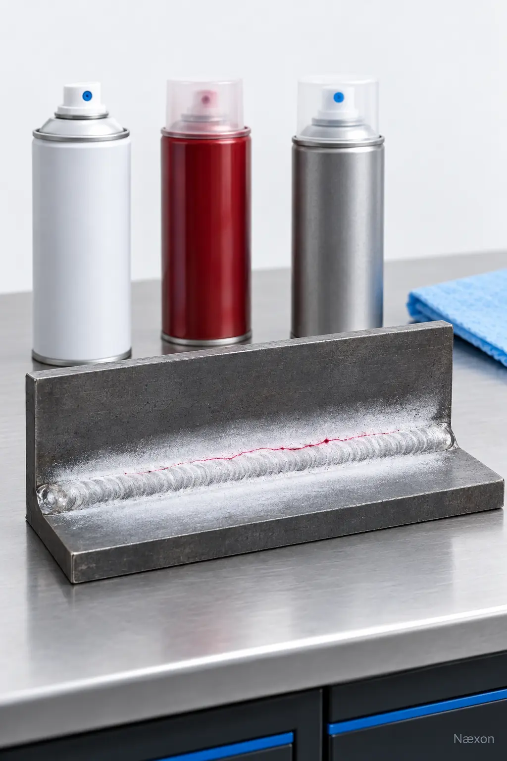 Welded steel angle coupon under visible liquid penetrant inspection with a fine red linear indication and unbranded inspection materials