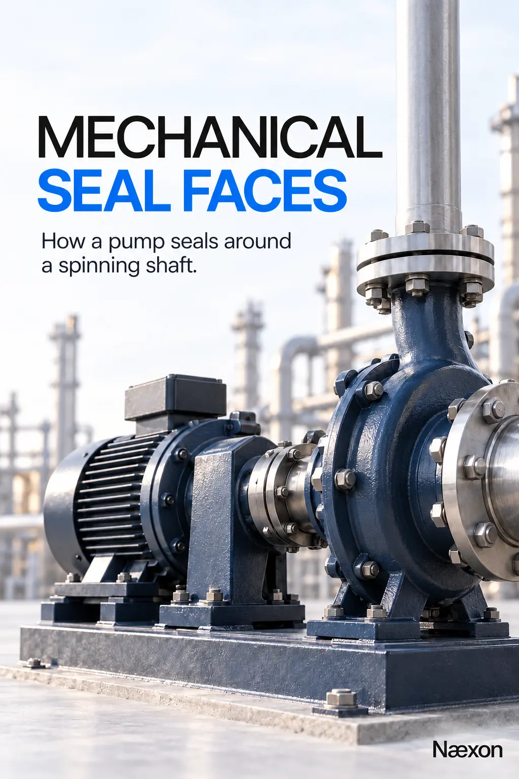 Blue centrifugal pump and motor beneath the title Mechanical Seal Faces in a bright industrial setting.