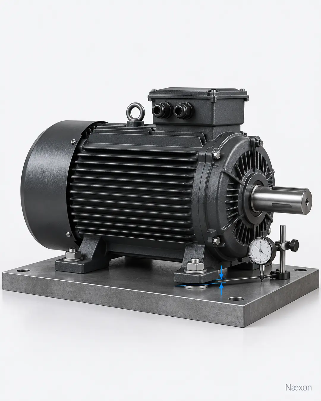 Industrial electric motor on a steel baseplate with a dial indicator and a highlighted gap beneath one mounting foot