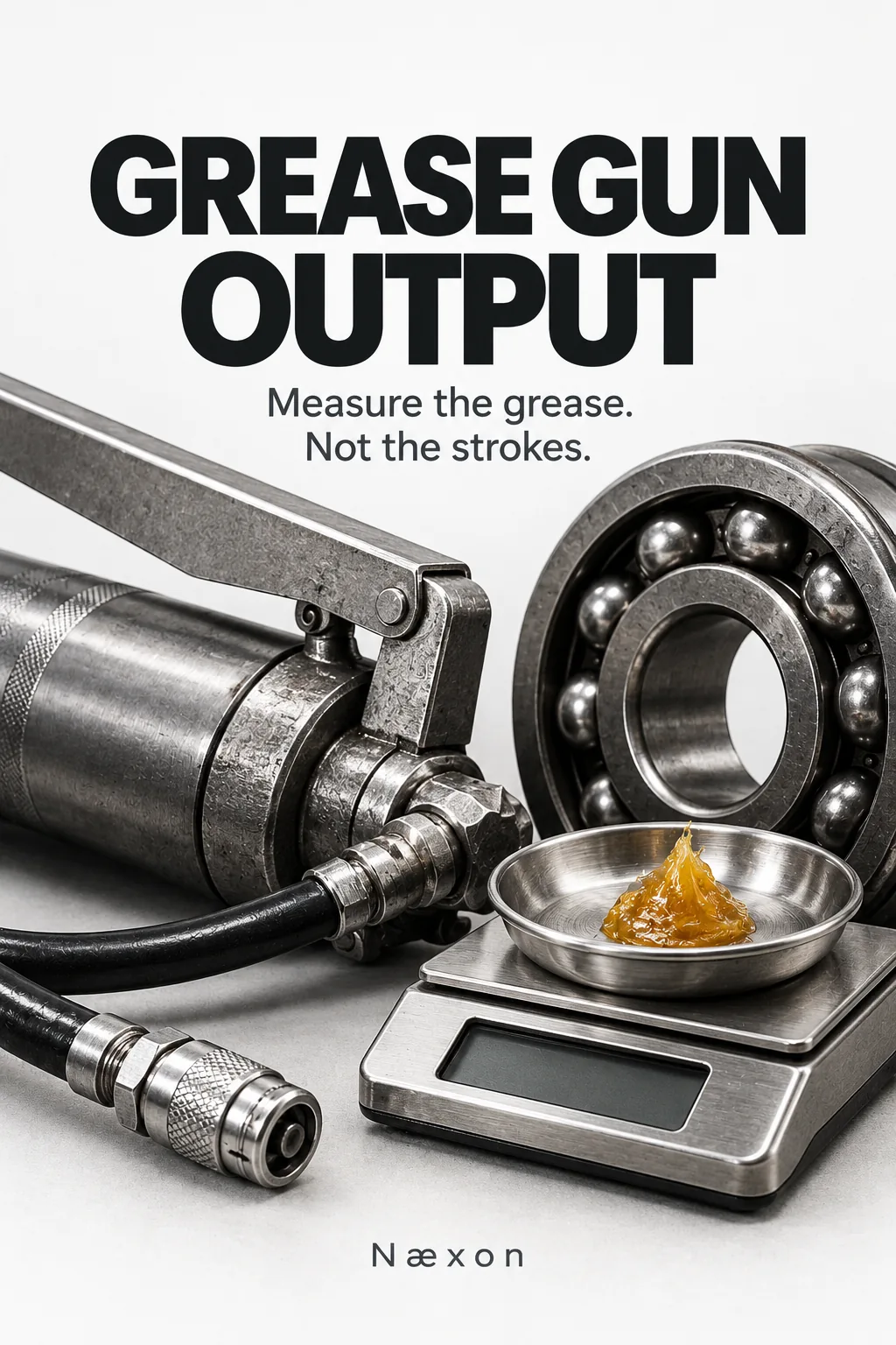 Grease Gun Output cover showing a grease gun, bearing, and grease in a dish on a scale with the line Measure the grease Not the strokes.