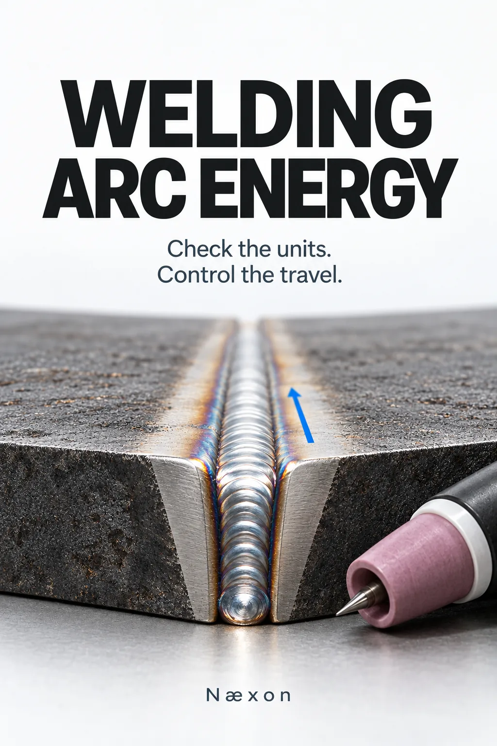 Welding Arc Energy cover showing a weld bead and inactive TIG torch with the line Check the units Control the travel.