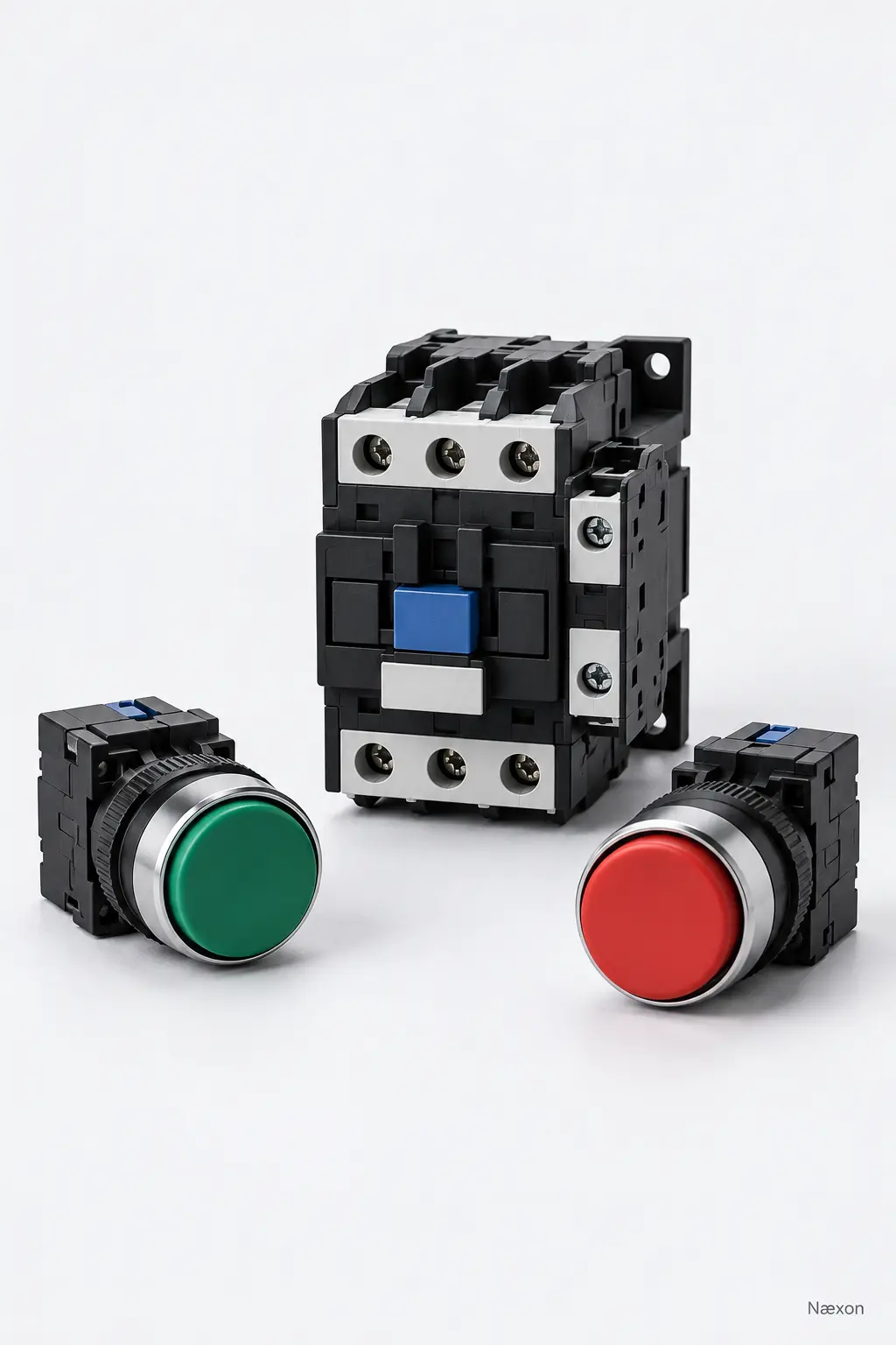 Unbranded industrial contactor with green Start and red Stop pushbuttons on a clean light-gray technical studio background