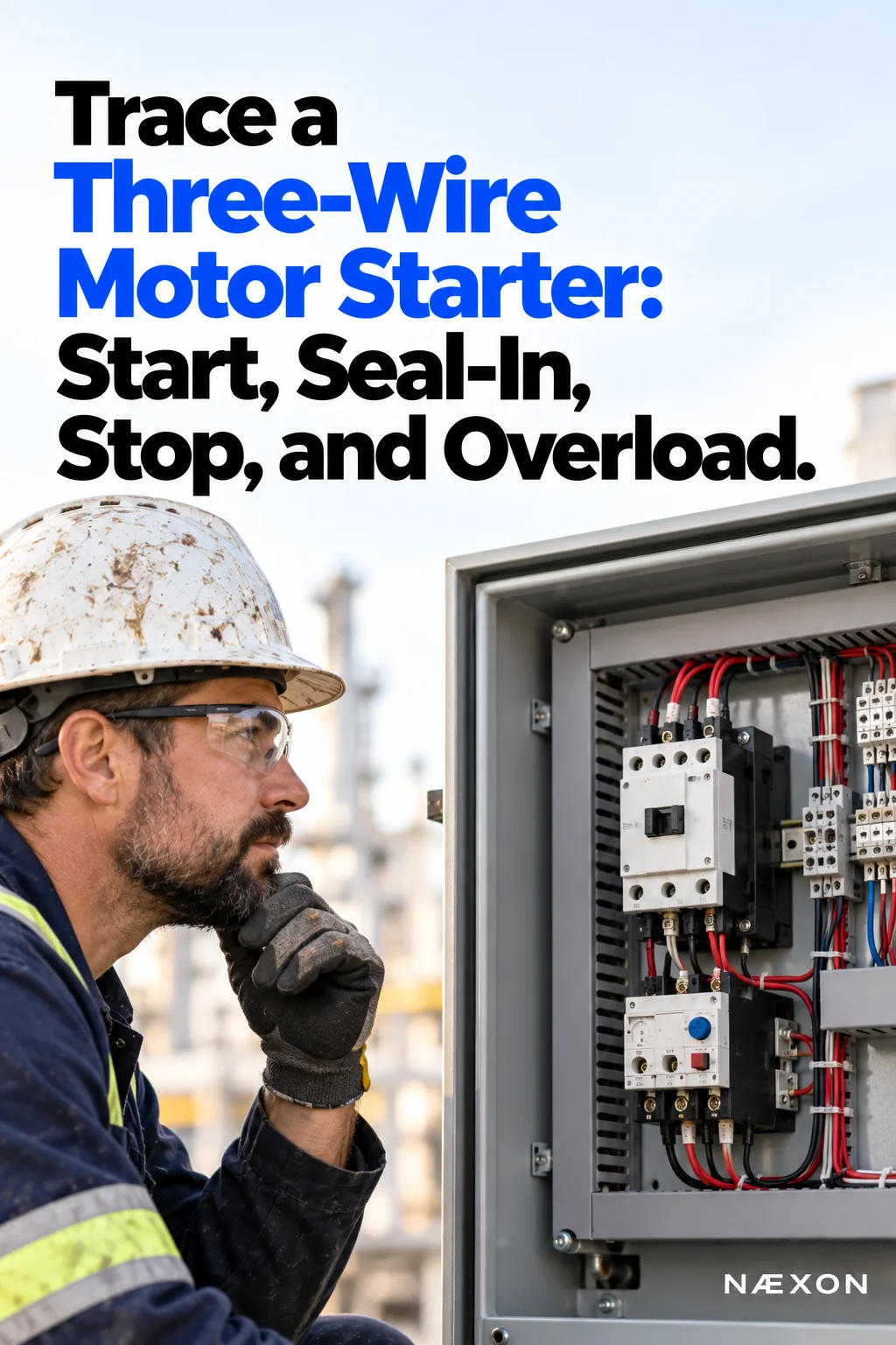 Tradesperson studying an industrial motor-starter cabinet in a conceptual training scene.