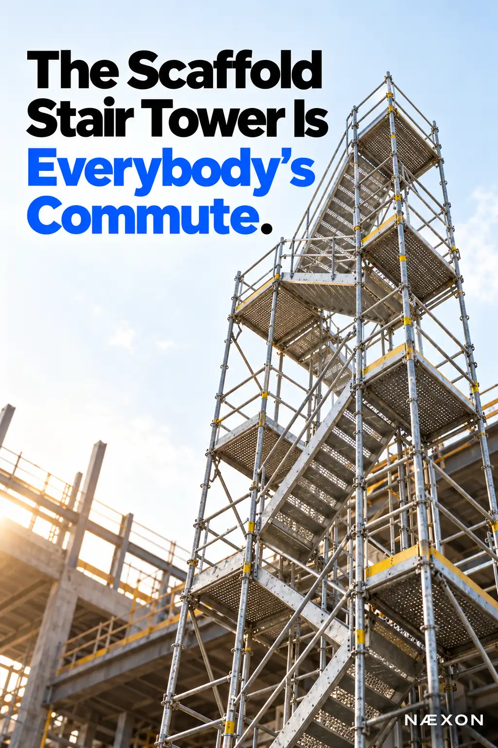 Unoccupied scaffold stair tower with platforms, stairs and guardrails against a bright sky.