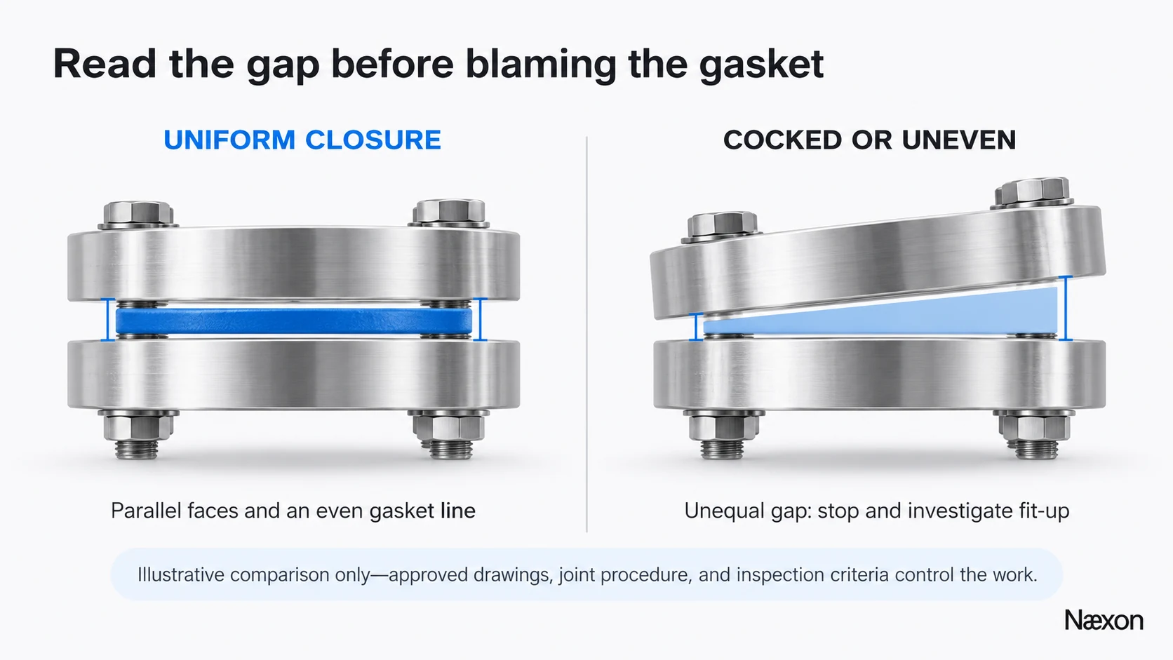 Side-view comparison of parallel flange faces with an even gasket line and a tilted flange with a wedge-shaped uneven gap