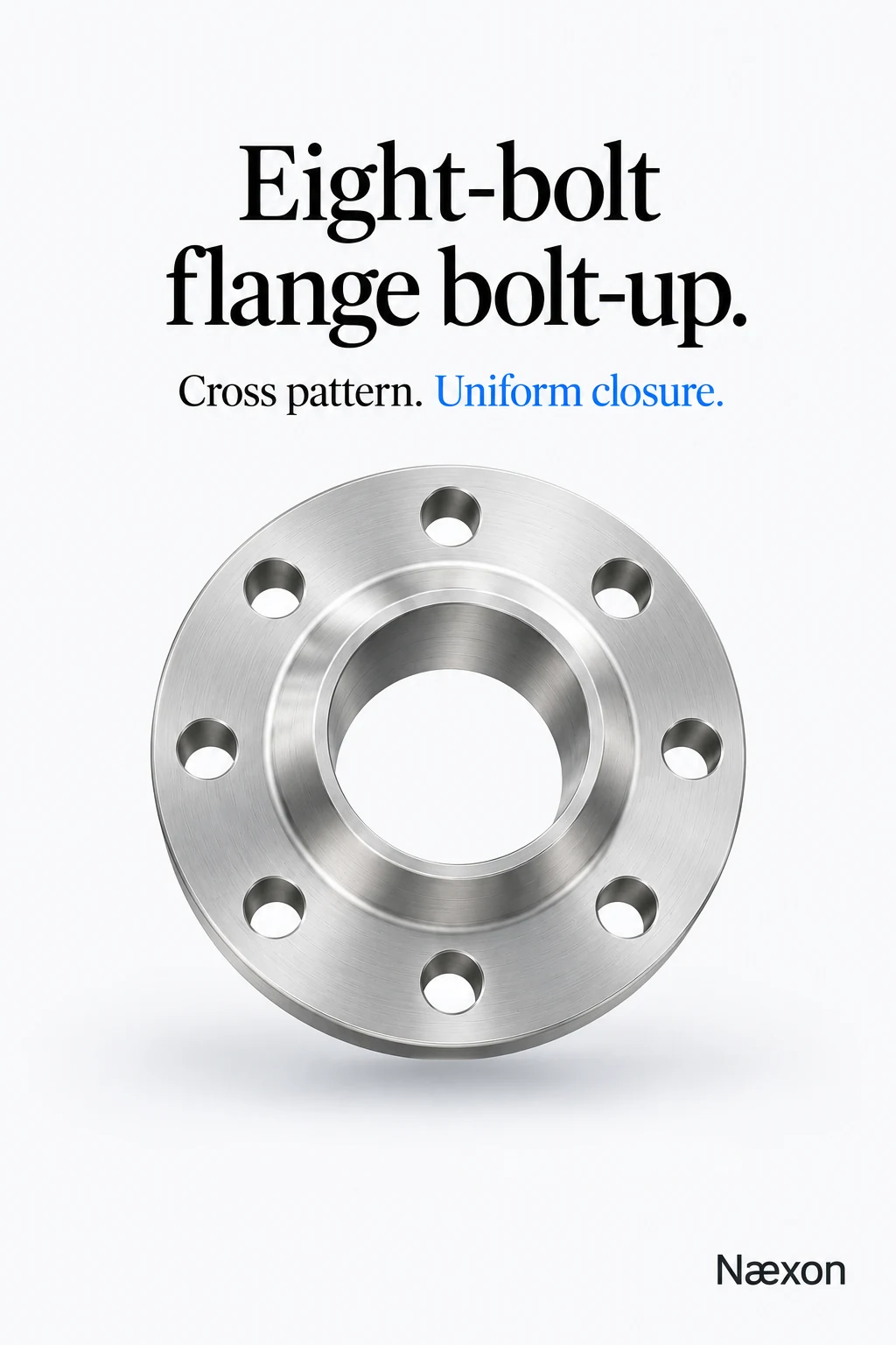 Conceptual isolated steel pipe flange with an eight-hole bolt circle and central bore.