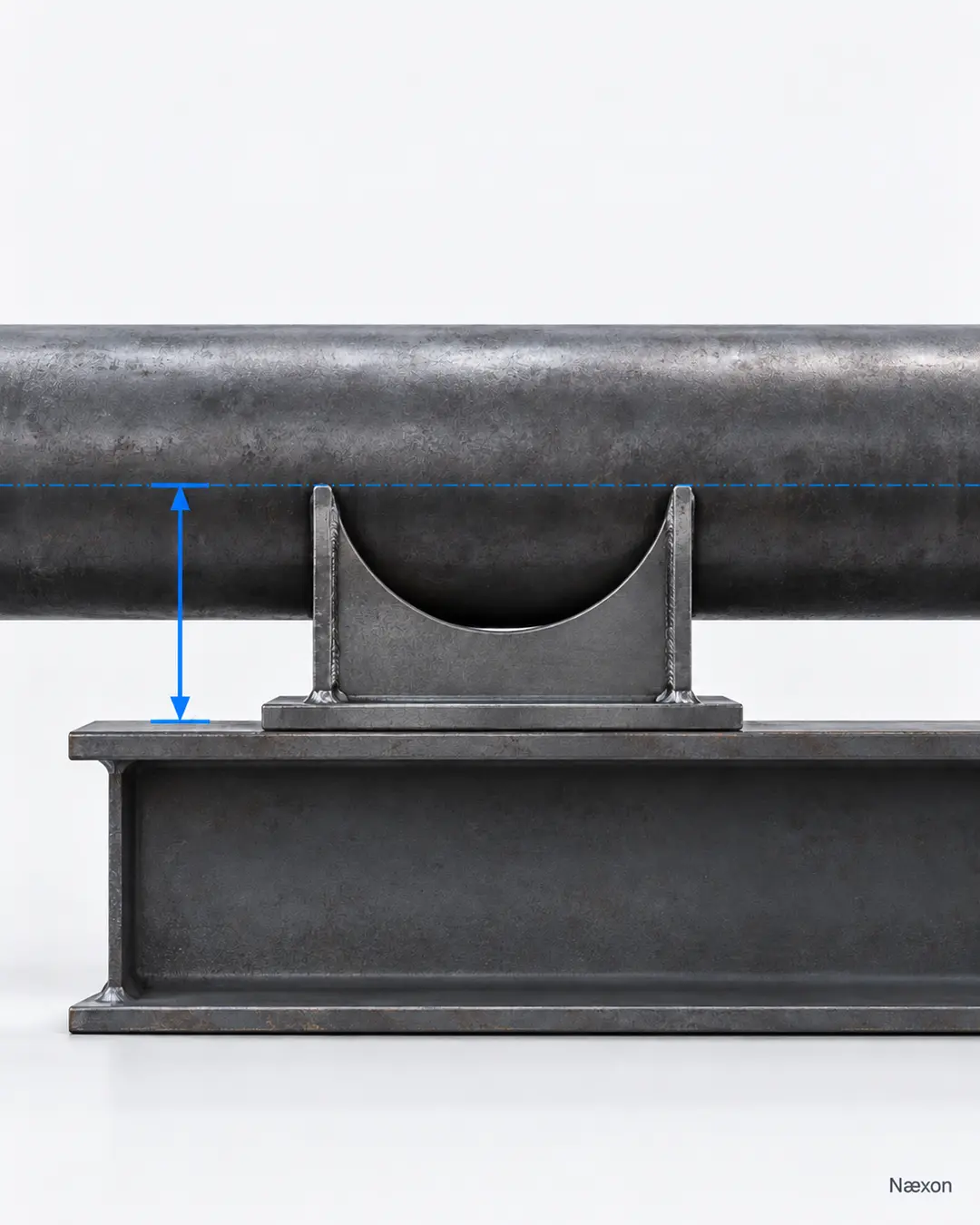 Steel pipe resting in a fabricated pipe shoe on a structural beam with a blue vertical elevation dimension