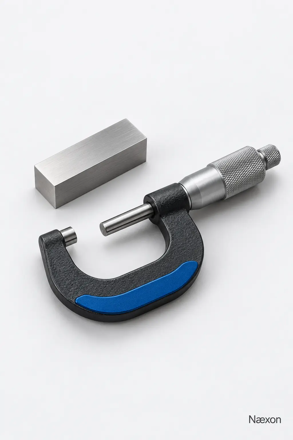 An open outside micrometer beside a steel reference block on a light background; editorial illustration, not a measurement setup.