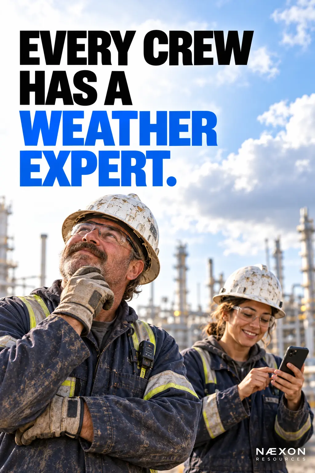 Two industrial tradespeople safely checking the sky and a phone forecast at a refinery jobsite