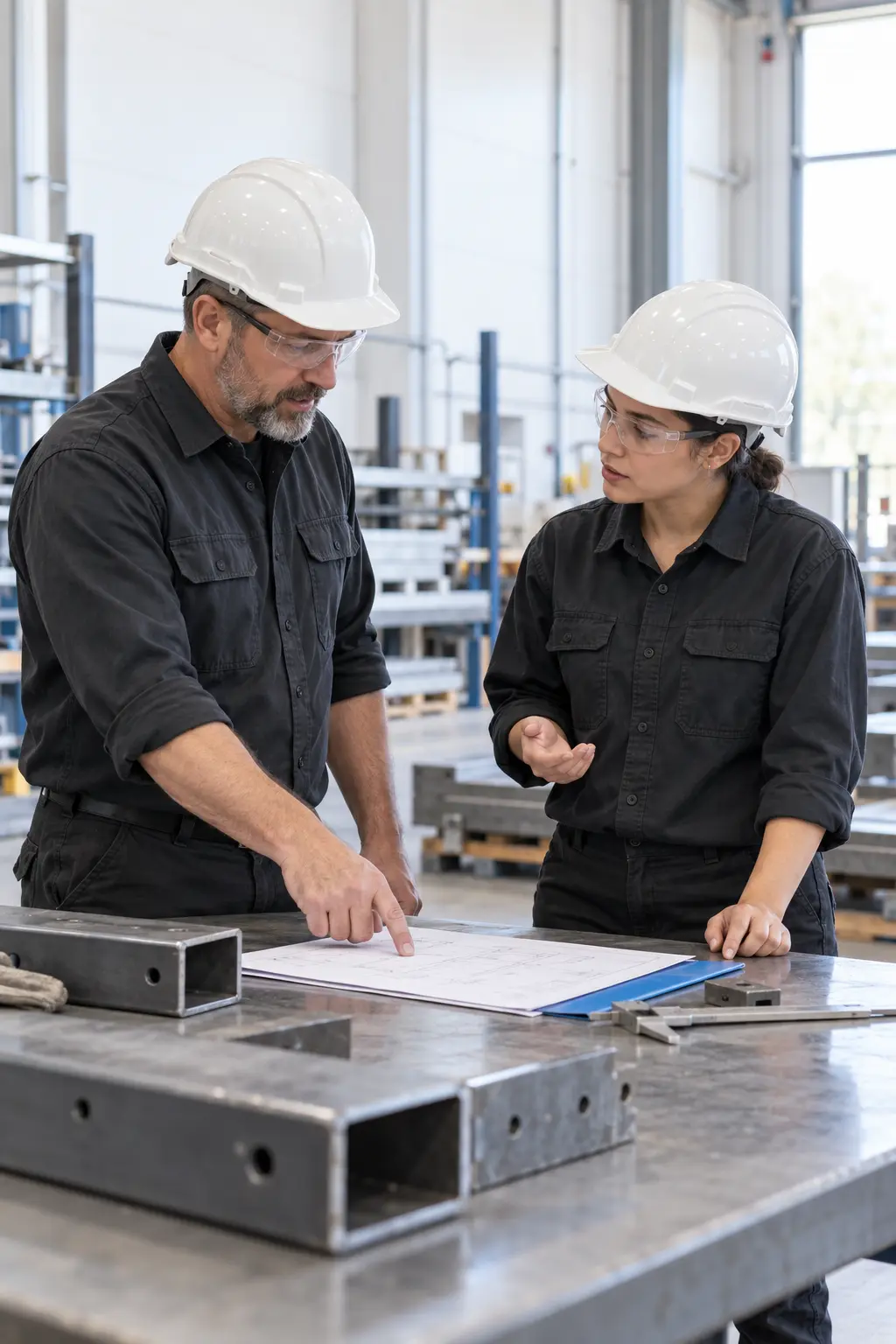 Experienced industrial craft worker pointing to a work package while a newer worker asks a question at a clean fabrication-shop bench.
