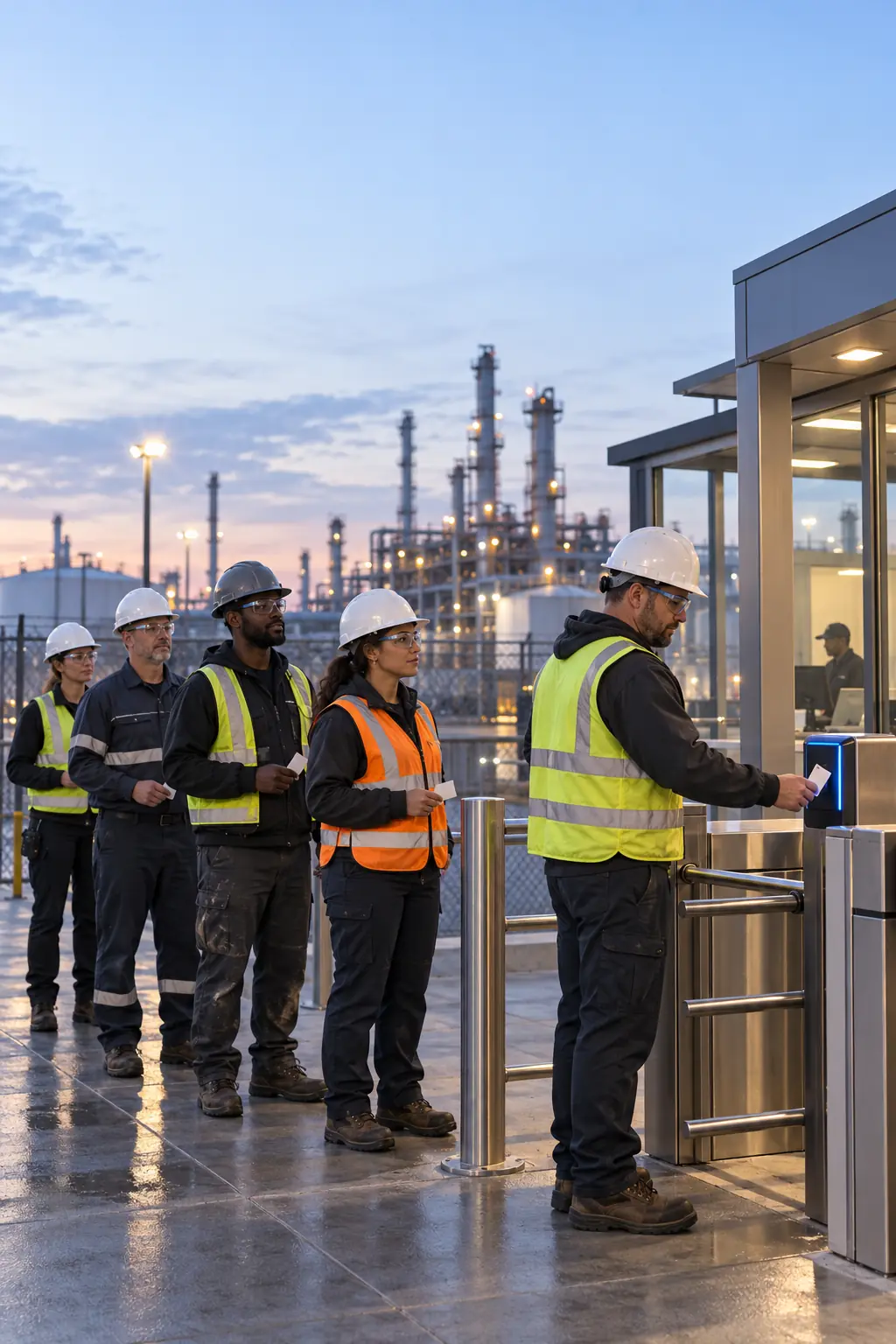 Five industrial workers in proper PPE waiting calmly with individual badges at a refinery access turnstile before dawn