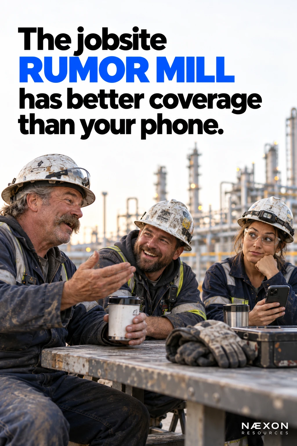 Editorial illustration of three industrial workers trading a jobsite rumor over coffee, with one checking a phone.