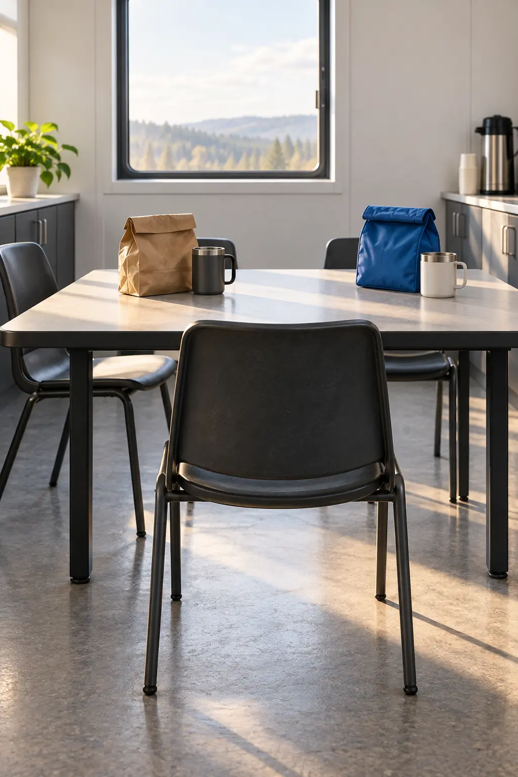 An empty charcoal chair pulled out at a clean crew lunch table beside lunch bags and mugs in soft daylight.