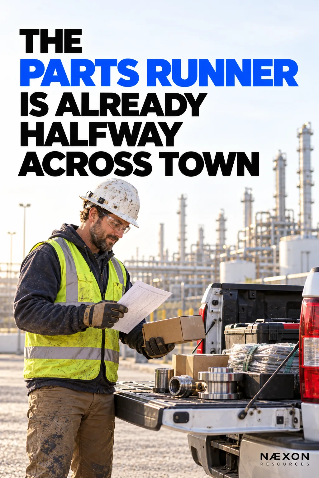 Industrial parts runner checks a printed pick list beside a safely parked pickup loaded with secured unbranded jobsite supplies.