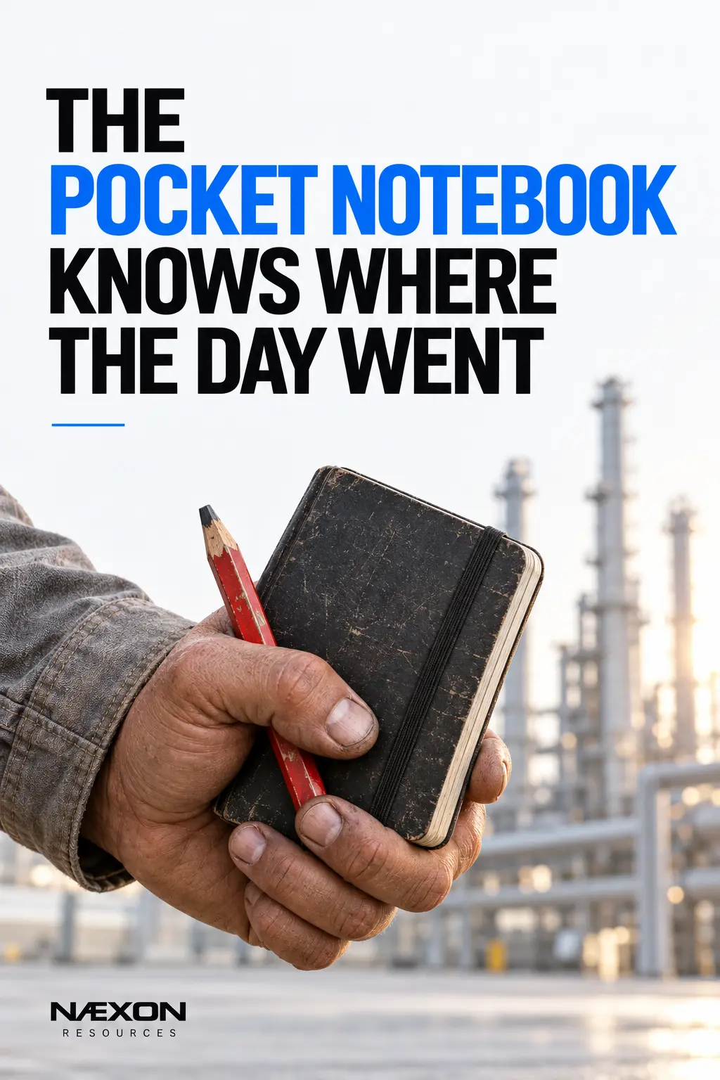 Work-worn hand holding a black pocket notebook and red carpenter pencil in front of an industrial facility