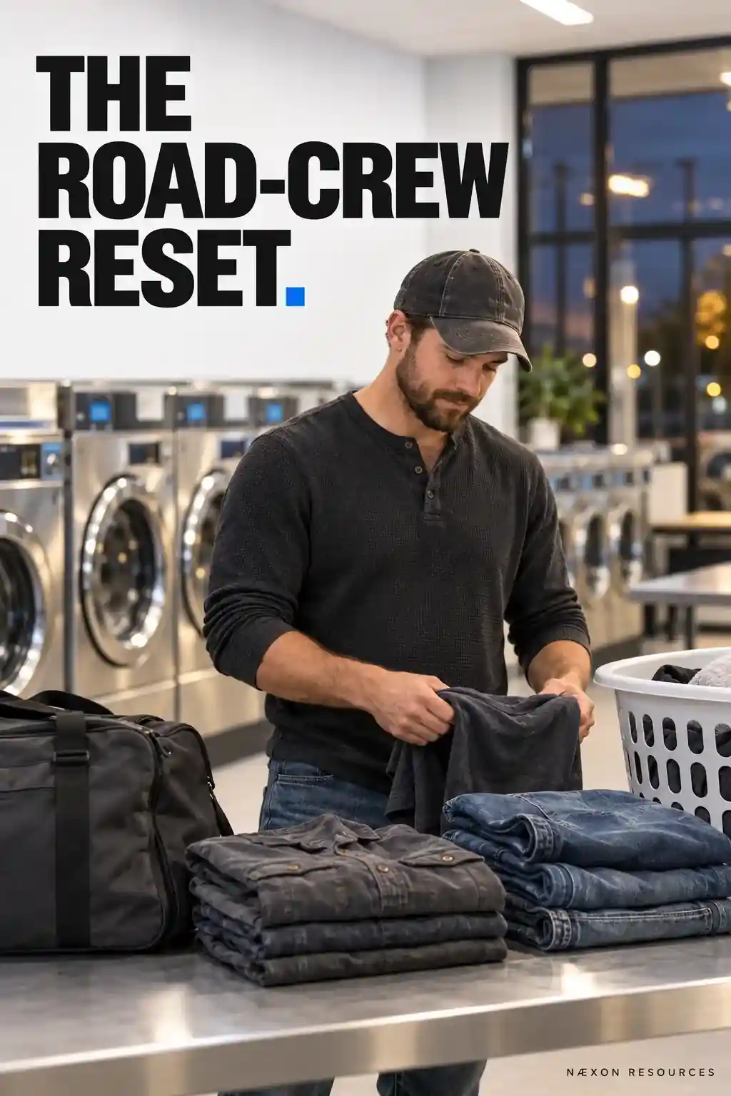 Traveling skilled-trades worker folding clean work clothes at a laundromat during an off-shift weekly reset