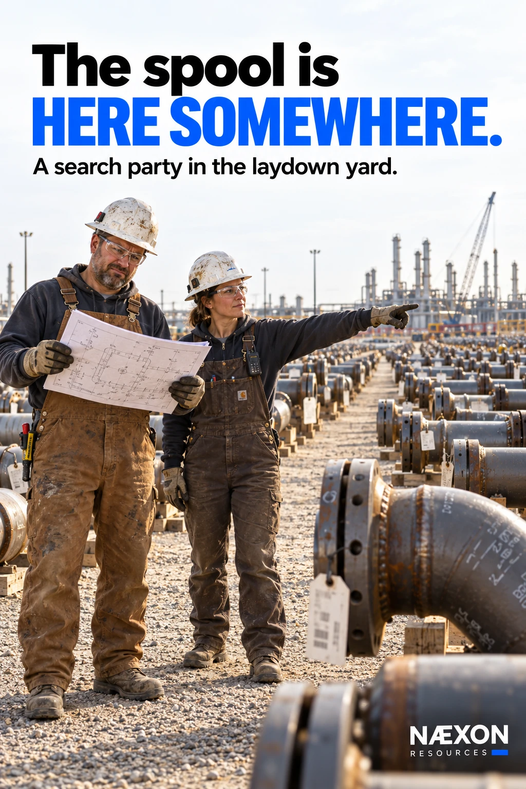 Editorial illustration of two pipefitters consulting a drawing and looking for a spool among organized rows in a laydown yard.