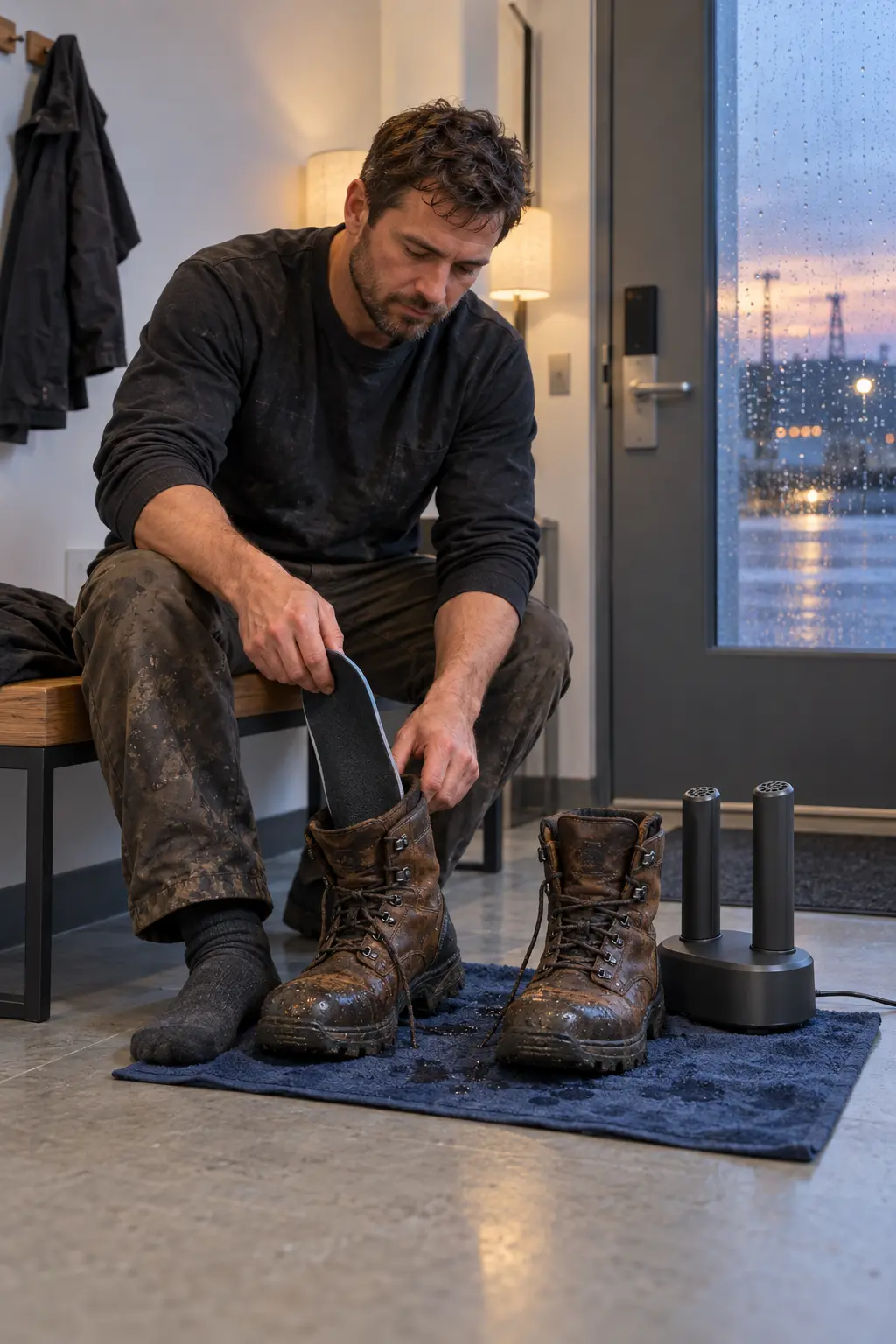 Road worker removing the footbed from a wet leather work boot beside a compact boot dryer in a modest hotel entry after a rainy shift.