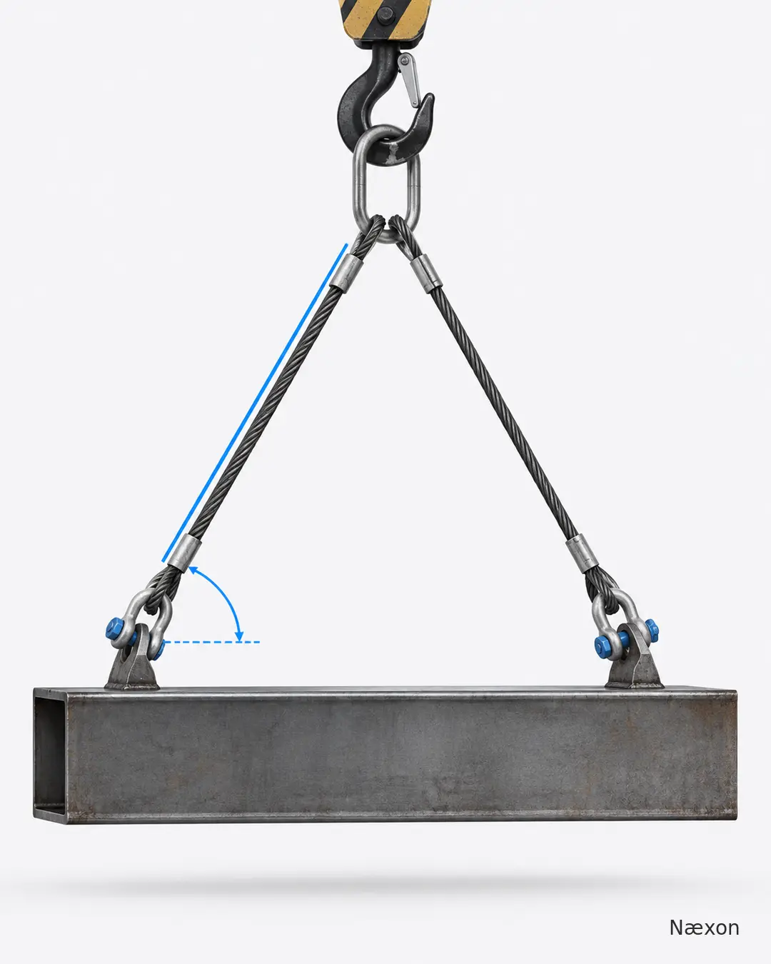 Two-leg wire-rope bridle lifting a steel beam with one sling leg and its horizontal angle highlighted in blue