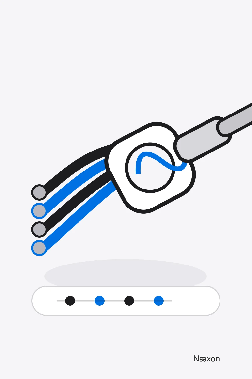 Minimal editorial illustration of a four-lead industrial RTD probe with alternating dark and blue conductors on a light background.