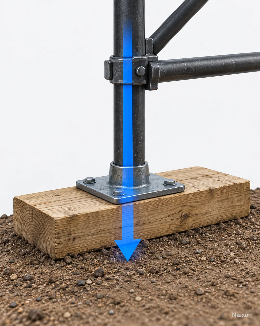 Industrial scaffold upright seated on a steel base plate centered over a timber mud sill, with a blue arrow showing the downward load path into firm ground