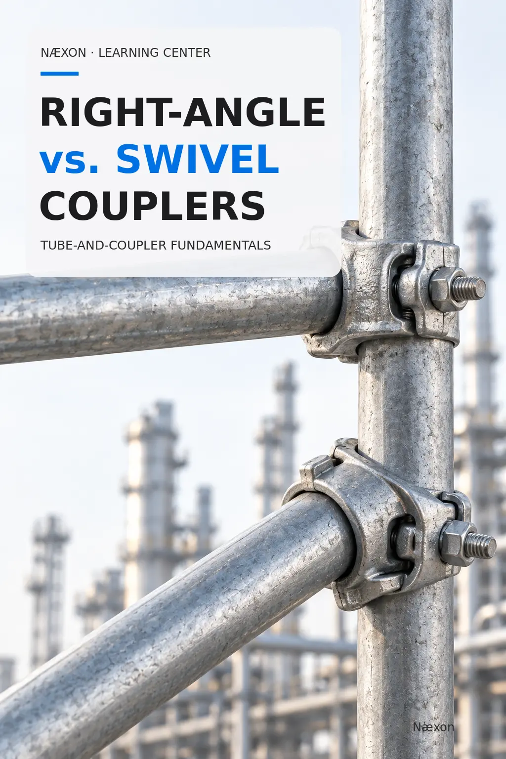 Close-up of galvanized scaffold tubes joined by a right-angle coupler and a swivel coupler