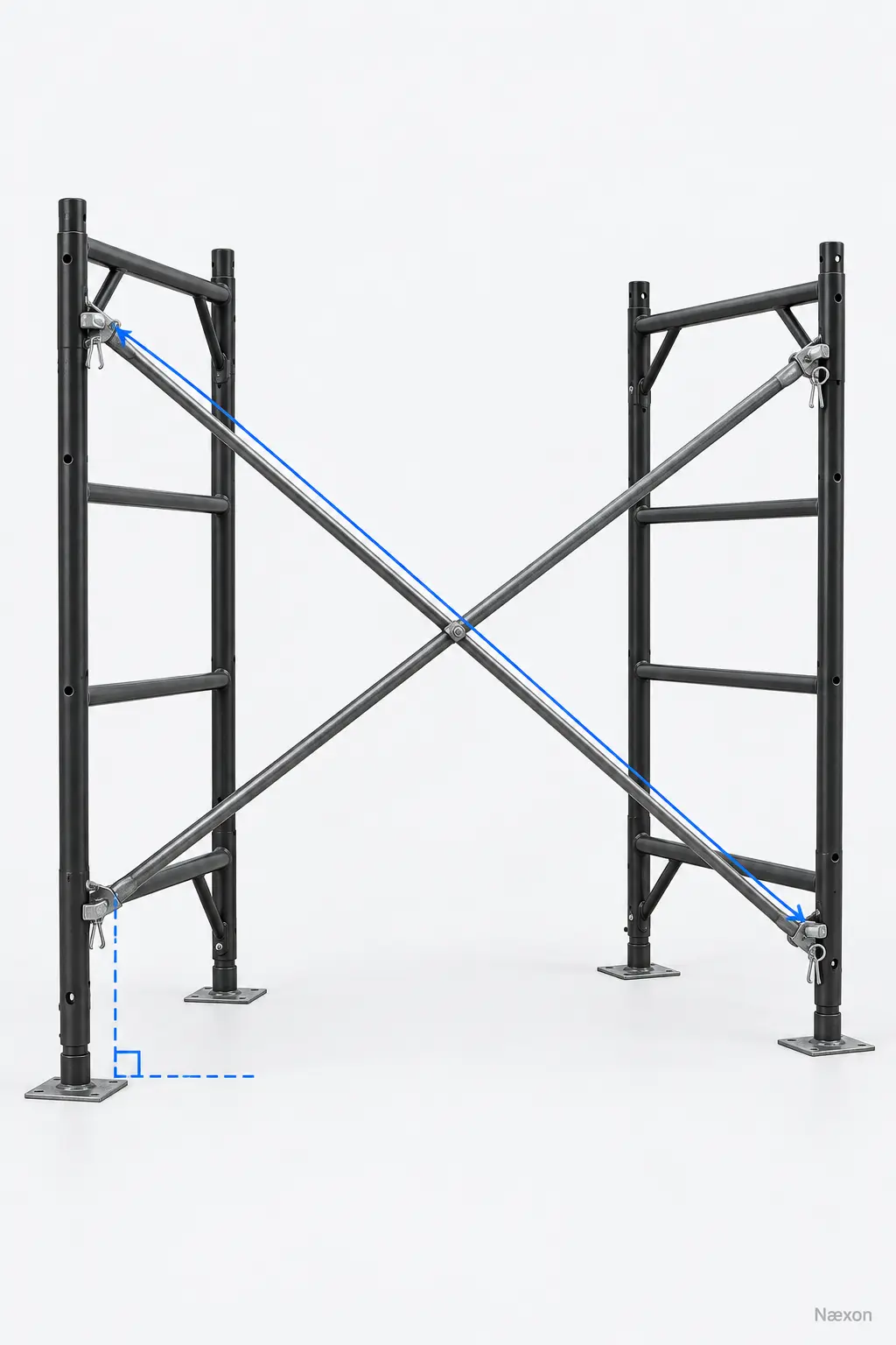 Unloaded fabricated-frame scaffold bay with cross braces, base plates, and blue squareness inspection lines