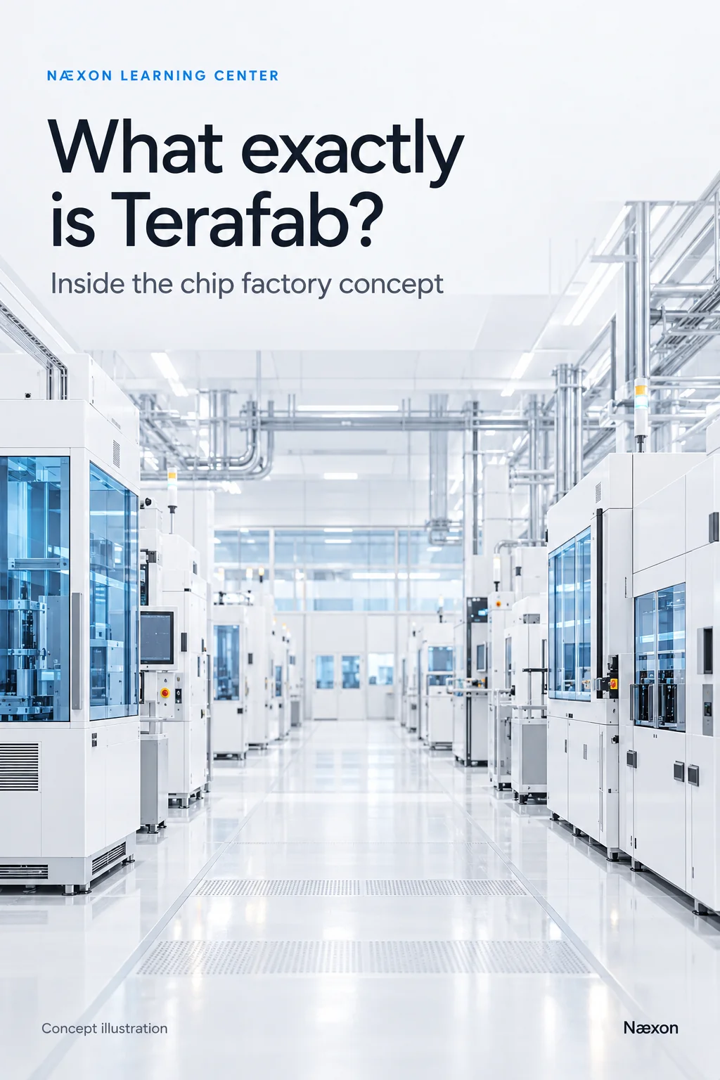 Conceptual semiconductor cleanroom with white fabrication equipment, blue panels and overhead piping beneath the headline What exactly is Terafab?
