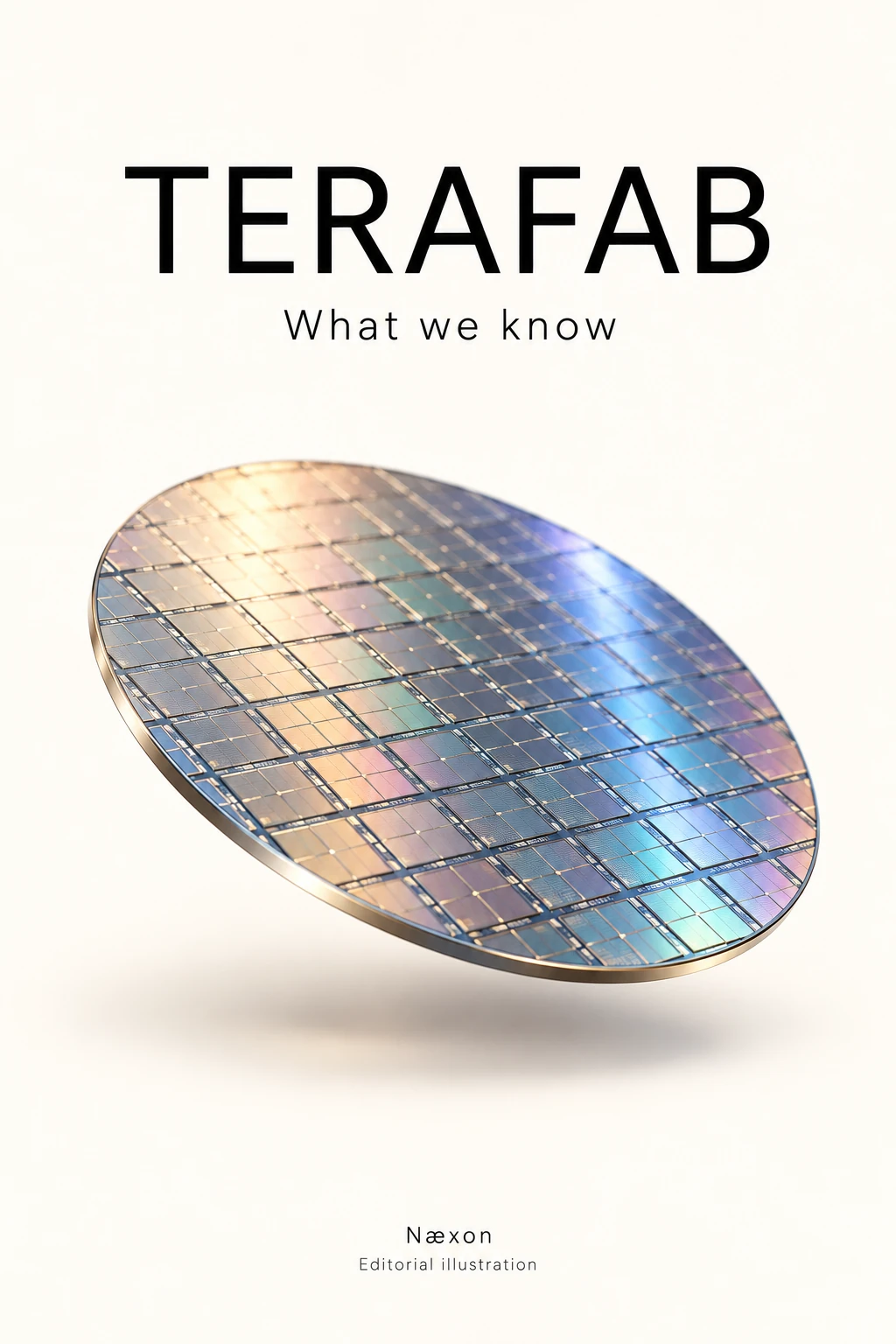Minimal editorial illustration of a silicon wafer beneath the title Terafab on a clean white background.