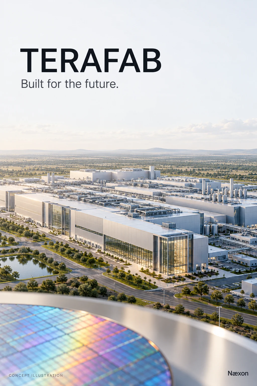 Concept illustration of an advanced semiconductor manufacturing campus and silicon wafer for Næxon’s Terafab news article
