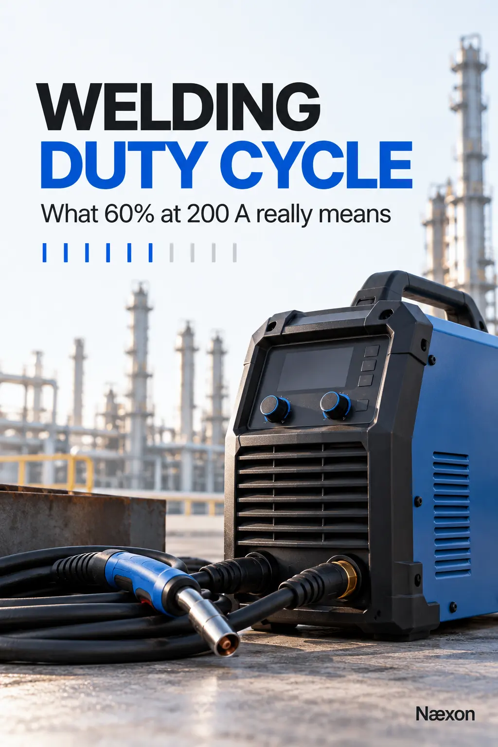 Industrial welding power source with cooling vents and leads beneath the title Welding Duty Cycle and a six-on, four-off visual motif.