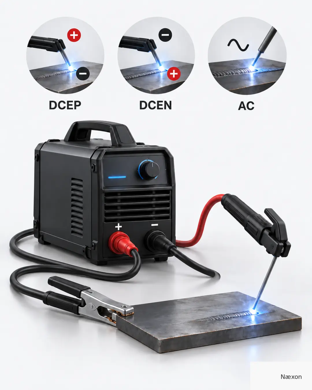 Welding power source with positive and negative terminals, electrode holder, work clamp, and three inset examples labeled DCEP, DCEN, and AC