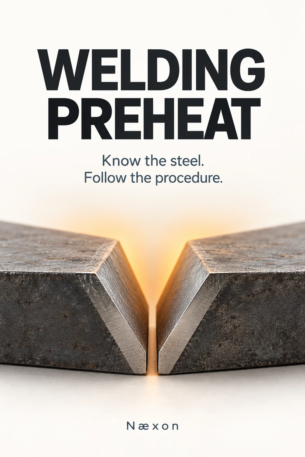 Illustrative beveled steel joint with conceptual warmth and Welding Preheat title