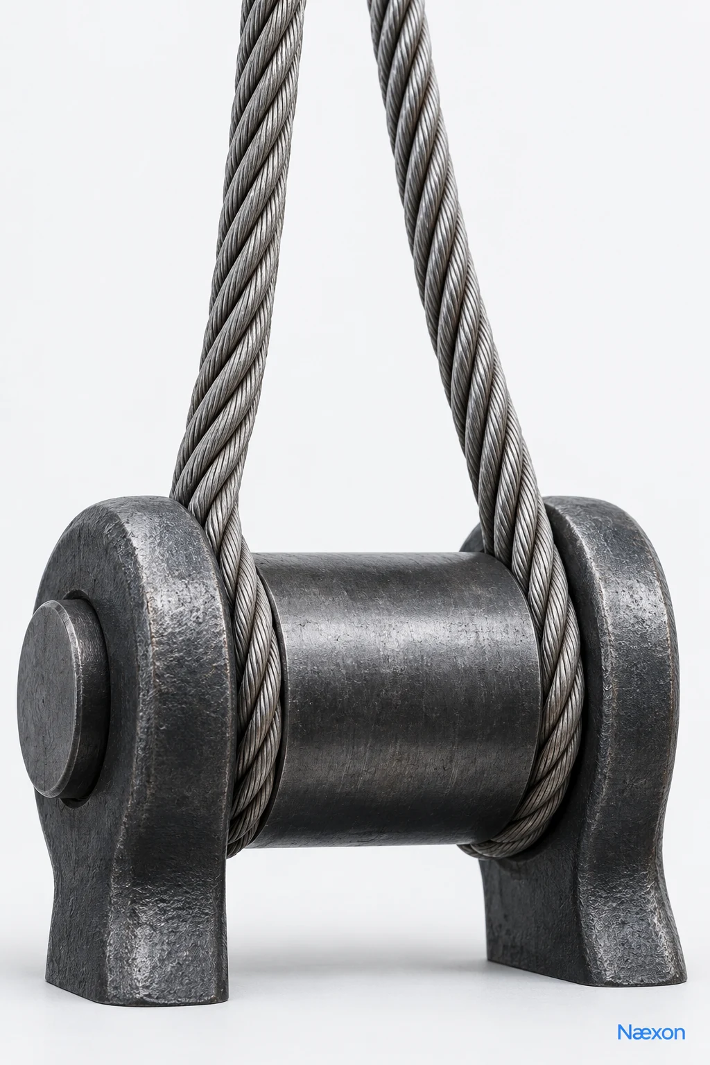 Unbranded wire-rope sling bending smoothly around a broad forged-steel cylindrical bearing pin on a clean light-gray studio background
