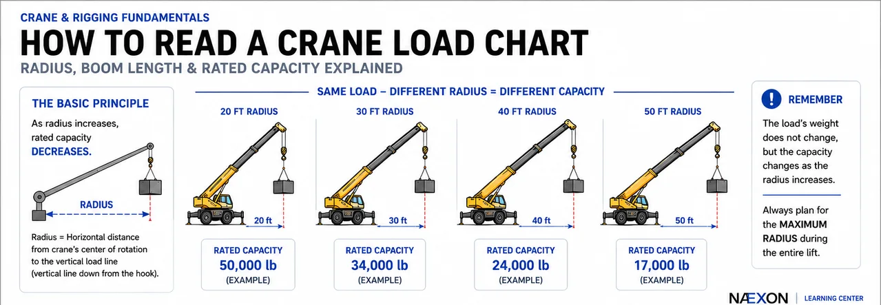 Crane load-chart guide showing boom length, radius, boom elevation angle, counterweight, capacity, and hook-block weight.