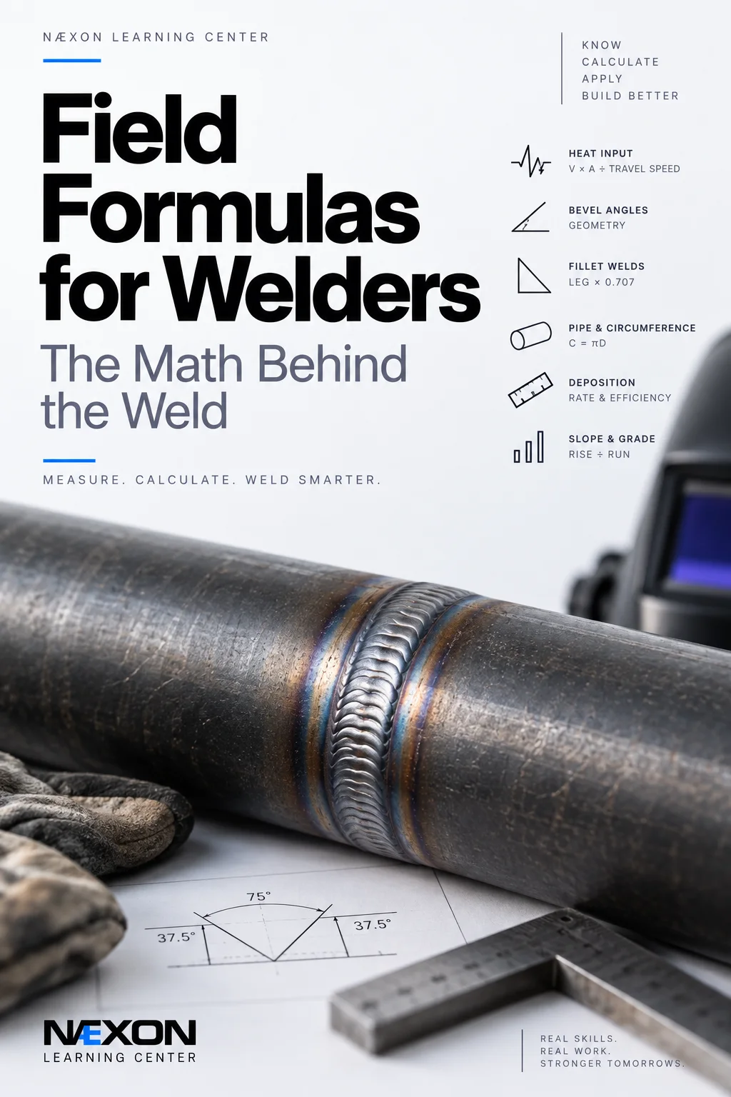 Close-up of a welded steel pipe joint with a welding hood, gloves, angle drawing, and square beneath a heading on welder field formulas.