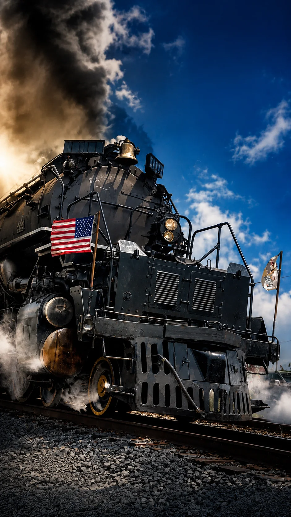 Union Pacific Big Boy 4014 steam locomotive on railroad tracks with American flag and steam