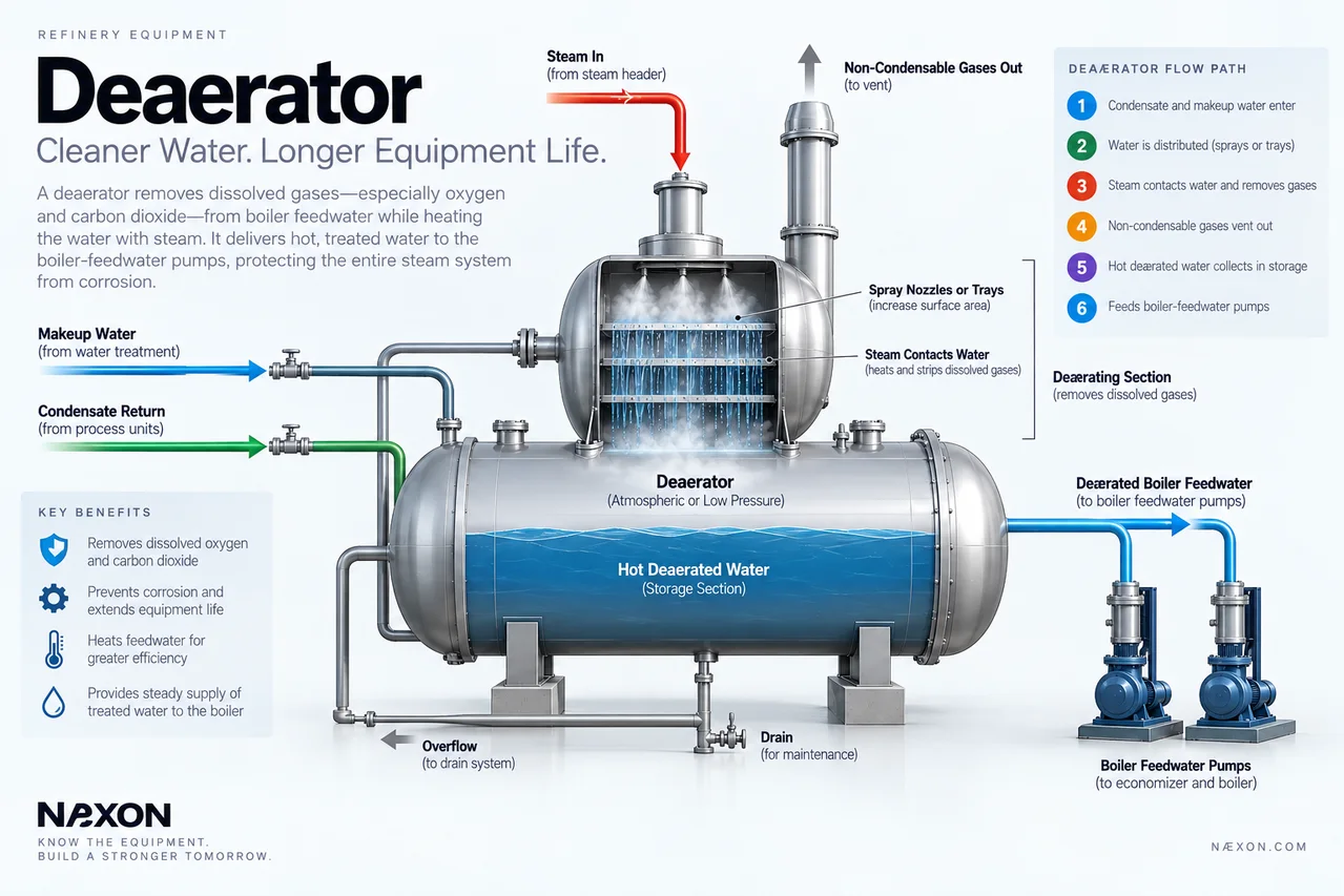 Cutaway deaerator diagram showing condensate, makeup water, steam, vented gases, stored feedwater, and pumps