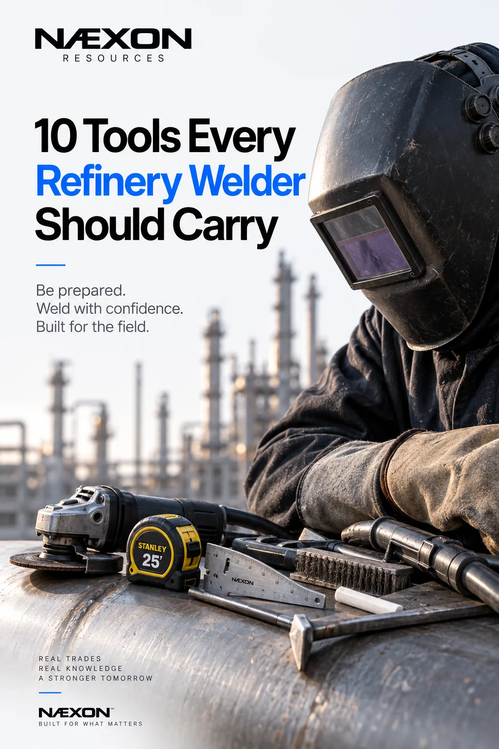 Welder in a dark welding hood behind a grinder, tape measure, wire brush, and other tools on a steel pipe, with a refinery in the background.